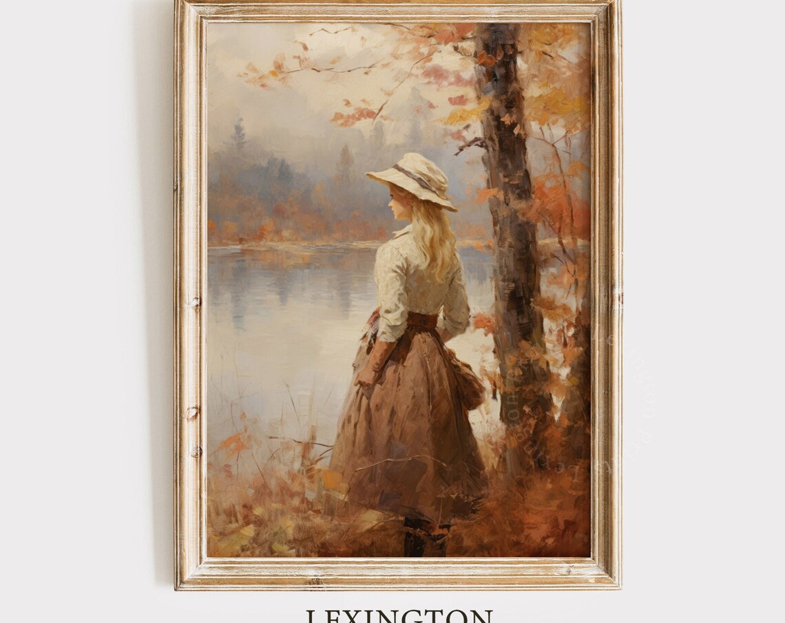 Woman in a Hat by an Autumn Lake Vintage Fall Painting Poster