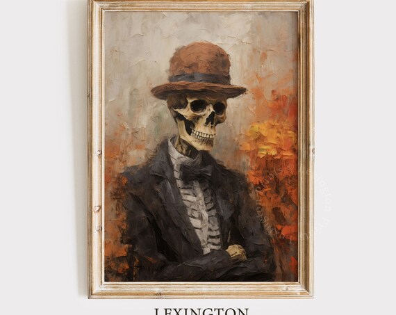 Skeleton in Bowler Hat and Suit Vintage Portrait Halloween Wall Art