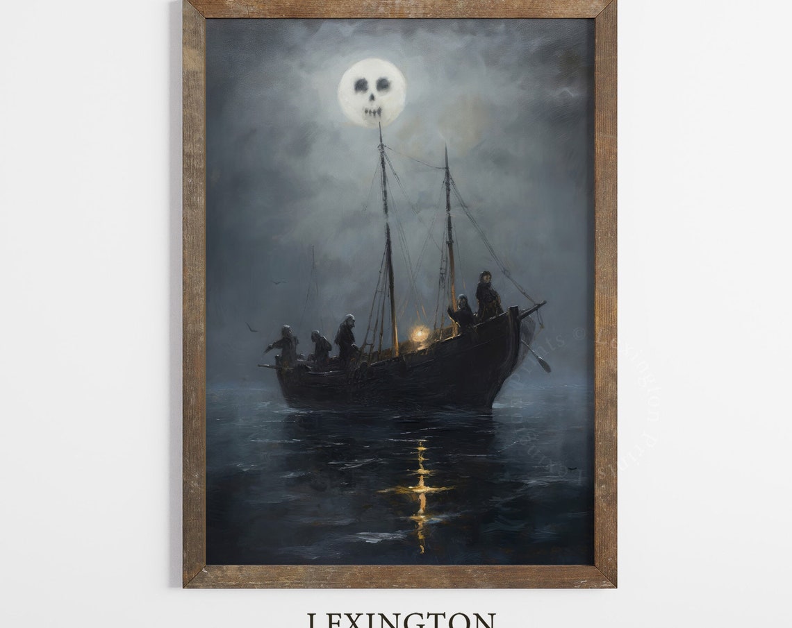 Ghost Ship Sailing Under Skull Moon Dark Spooky Halloween Poster
