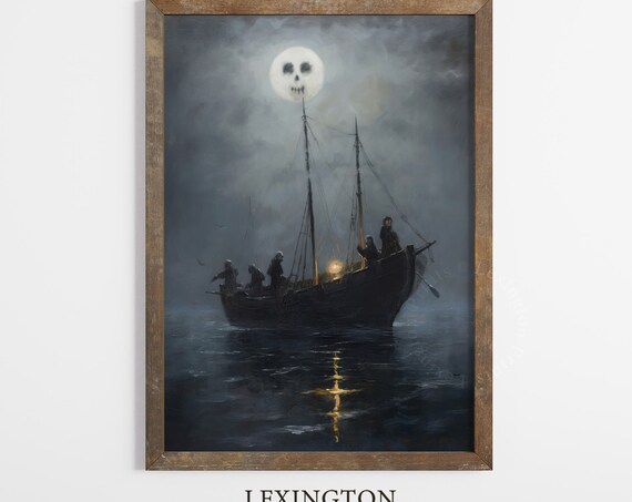 Ghost Ship Sailing Under Skull Moon Dark Spooky Halloween Poster