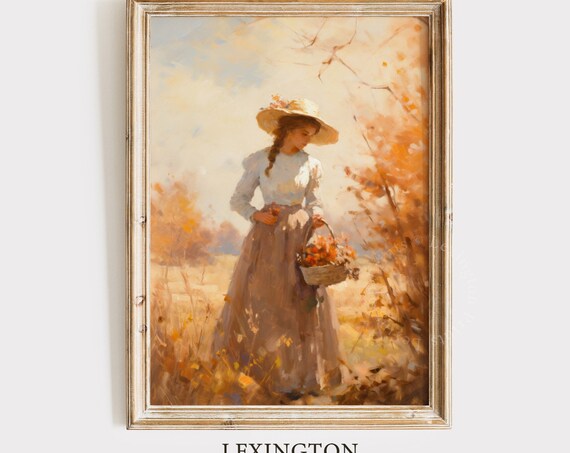 Woman with Flower Basket in Golden Autumn Field Romantic Fall Poster