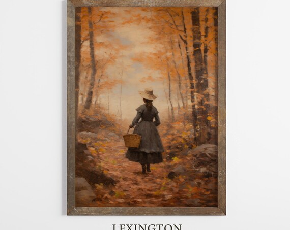 Woman Walking Autumn Forest Path Vintage Fall Oil Painting Poster