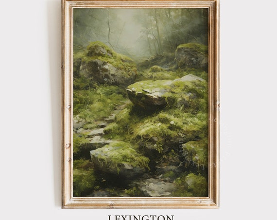 Landscape Painting Moss Wall Art Rustic Oil Painting Forest Wall Art Moody Wall Art Moss Art Nature Wall Art Dark Academia Art 208