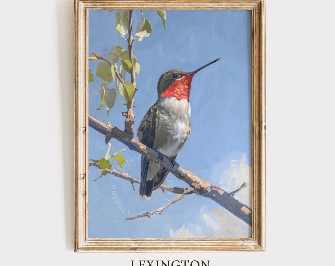Ruby-Throated Hummingbird on Branch Blue Sky Summer Bird Poster