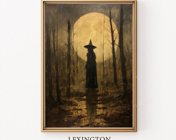 Witch Silhouette Before Giant Golden Full Moon Dark Forest Halloween Poster
