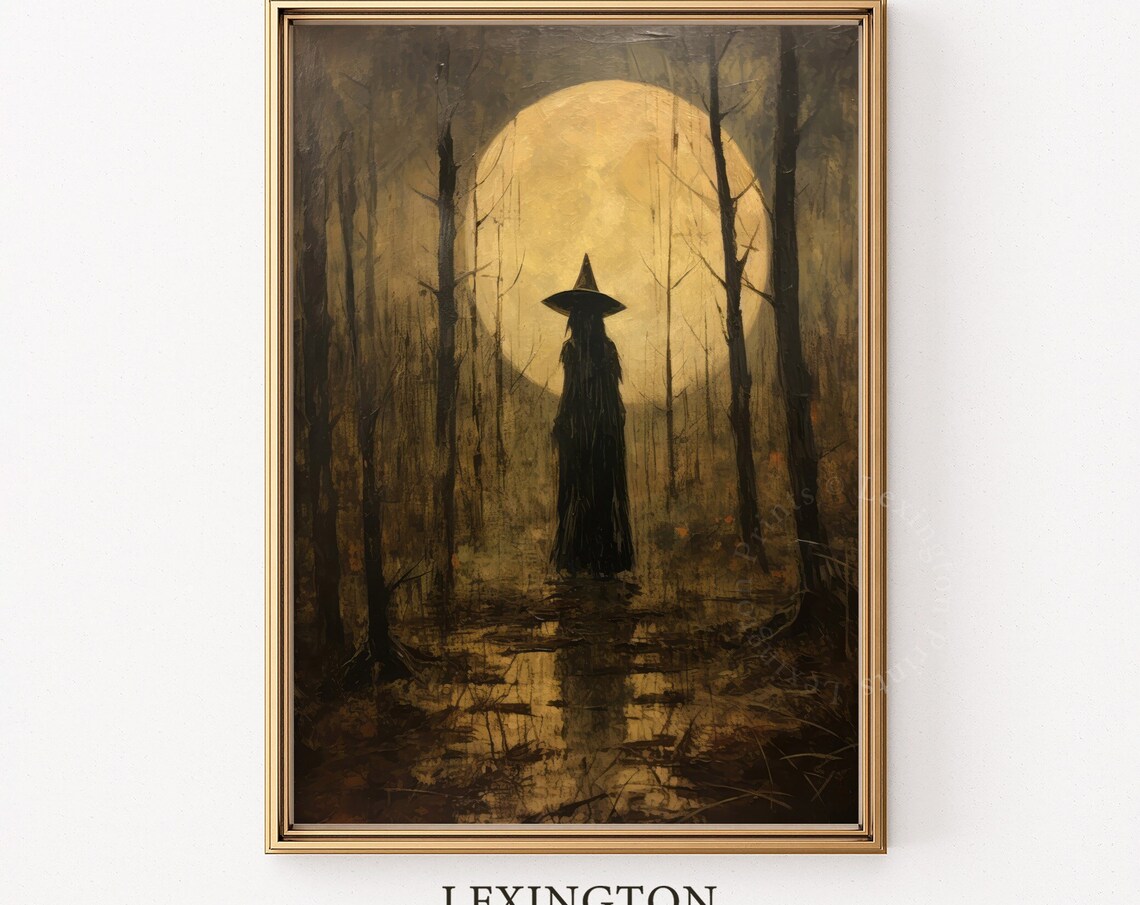 Witch Silhouette Before Giant Golden Full Moon Dark Forest Halloween Poster