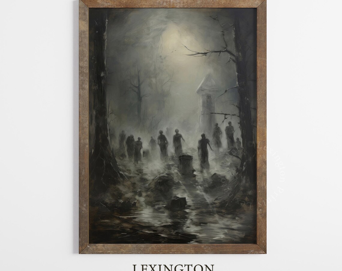 Ghostly Figures In Foggy Graveyard Misty Monastery Dark Gothic Painting Poster