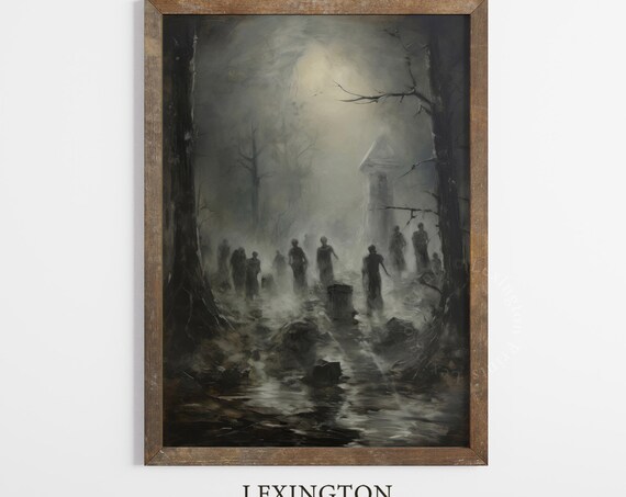 Ghostly Figures In Foggy Graveyard Misty Monastery Dark Gothic Painting Poster