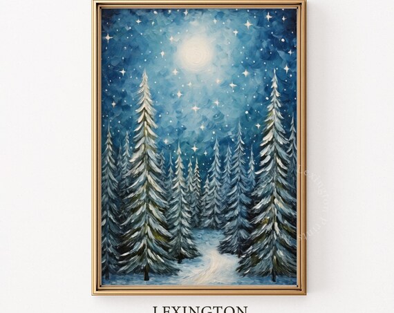 Starry Night Winter Forest with Snowy Pines Christmas Moon Wall Art