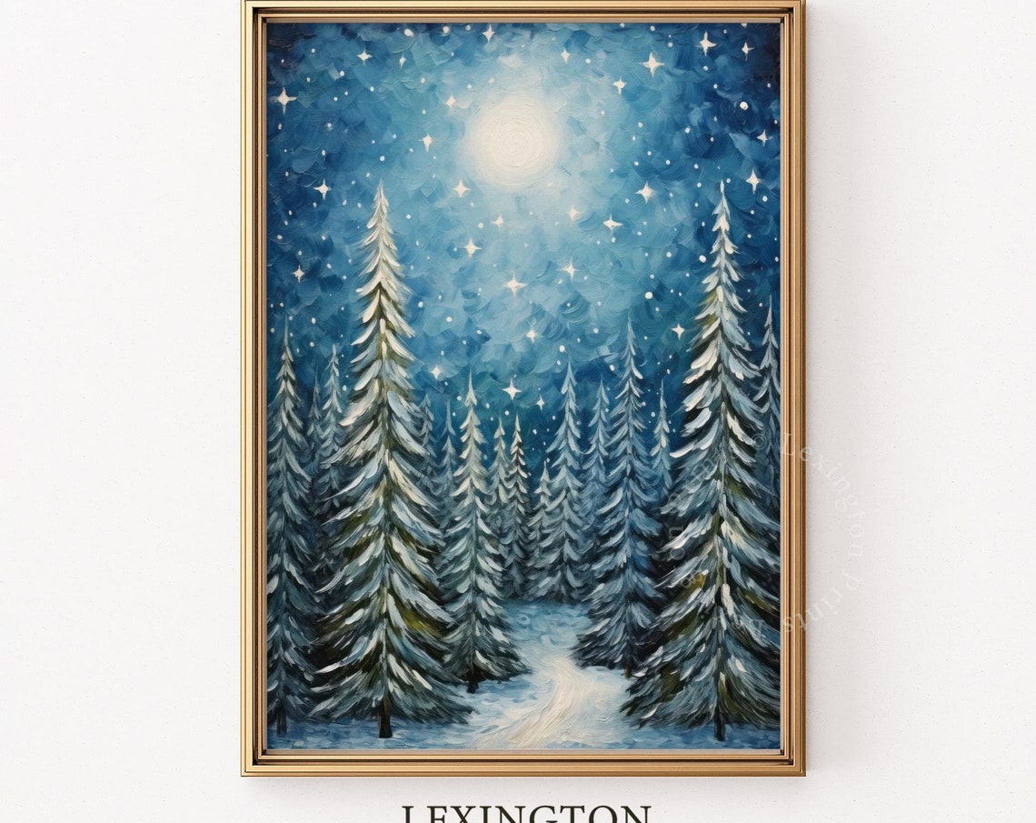 Starry Night Winter Forest with Snowy Pines Christmas Moon Wall Art