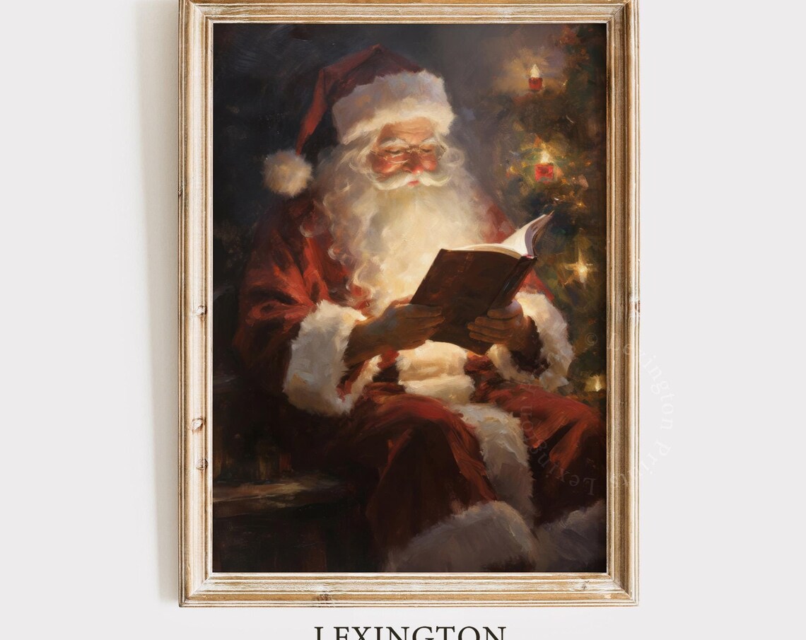 Vintage Christmas Wall Art Santa Reading Book Christmas Oil Painting Art Cottagecore Academia Art Christmas Decor Winter Print 373
