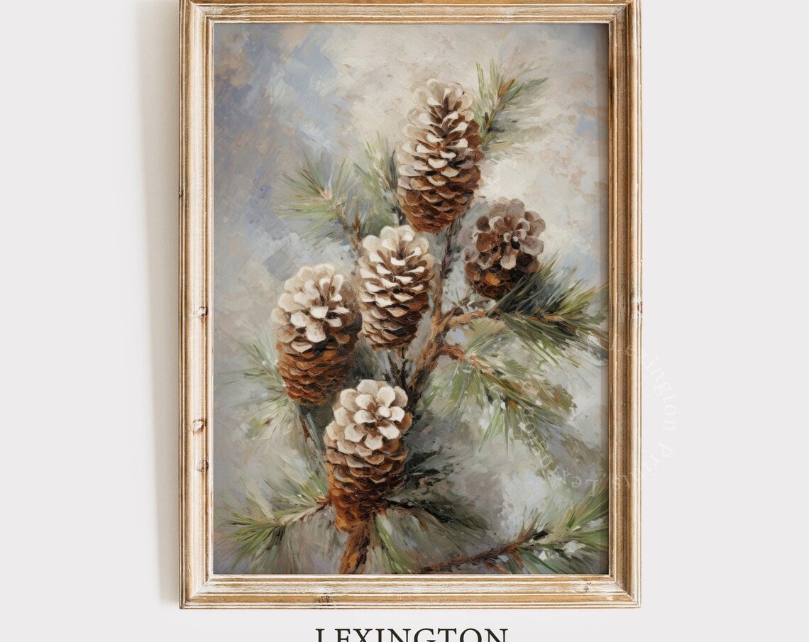 Frosted Pinecones on Snowy Evergreen Branch Still Life Poster