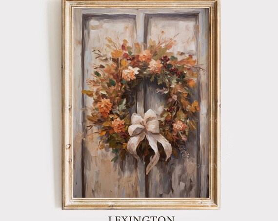 Fall Wreath with Bow on a Rustic Door Autumn Painting Poster