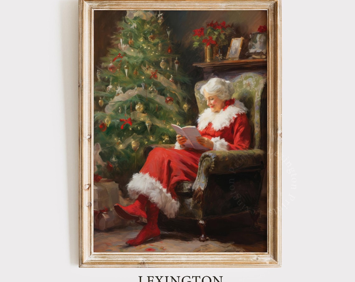 Mrs Claus Reading by the Christmas Tree Vintage Scene Poster