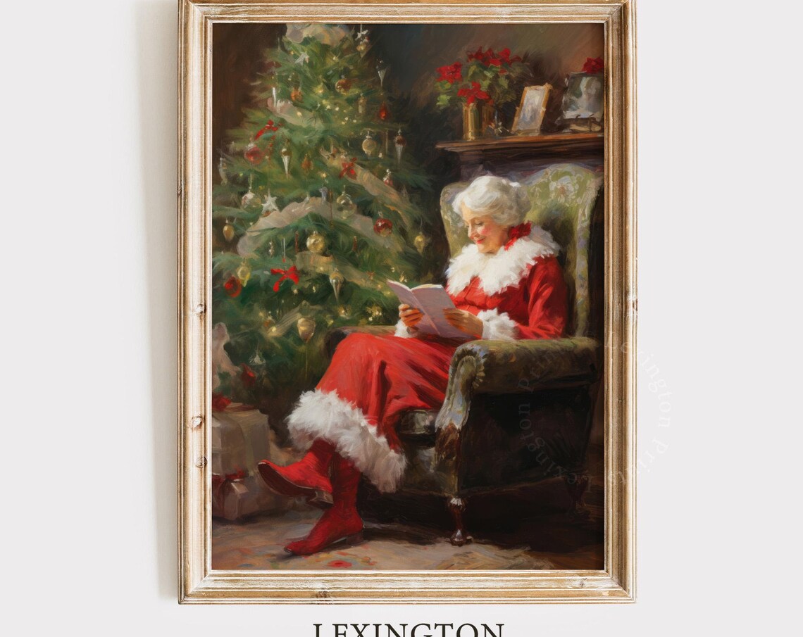 Vintage Christmas Wall Art Mrs Claus Reading Book Christmas Print Living Room Academia Santa Christmas Painting Winter Print 404