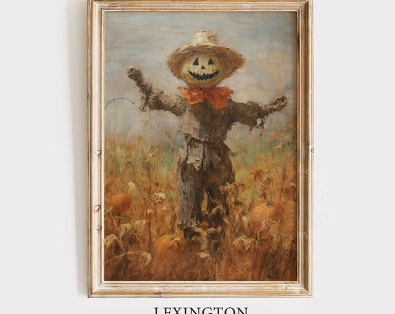 Scarecrow with Jack O Lantern Head in Pumpkin Field Fall Poster