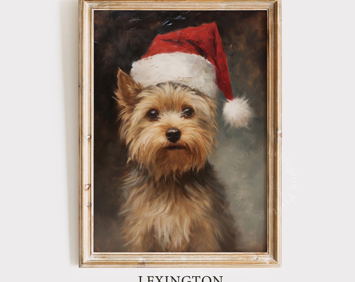 Small Dog in a Santa Hat Vintage Christmas Oil Painting Poster