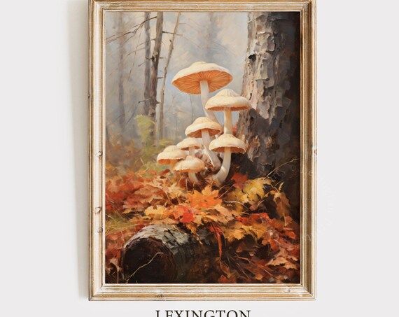 White Mushrooms by a Tree Trunk Autumn Leaves Woodland Poster