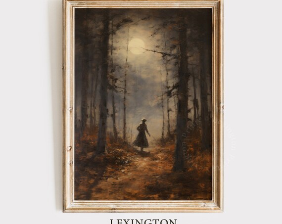 Moonlit Forest Path Lone Figure Moody Autumn Night Painting Poster