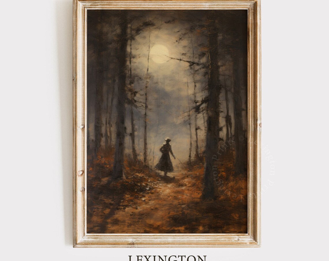 Moonlit Forest Path Lone Figure Moody Autumn Night Painting Poster
