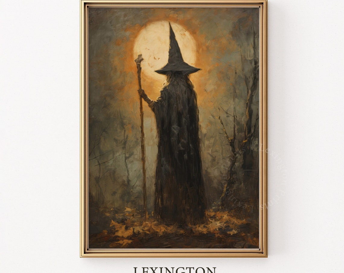 Mysterious Cloaked Wizard With Staff Standing Before Full Moon Poster