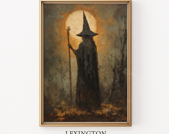 Mysterious Cloaked Wizard With Staff Standing Before Full Moon Poster