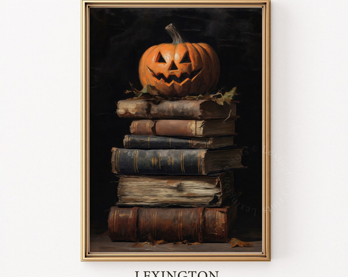 Jack-o-Lantern on Stack of Antique Books Dark Halloween Oil Poster