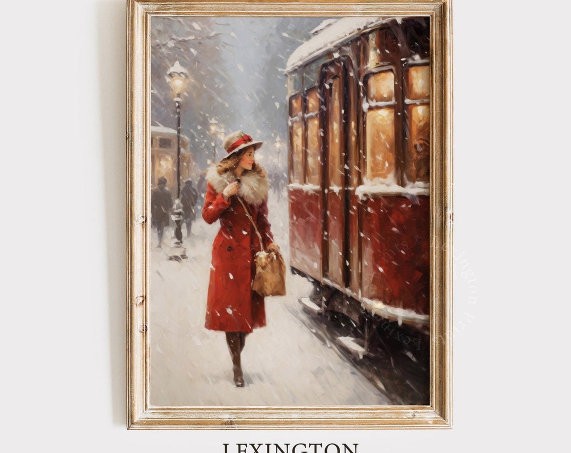 Vintage Christmas Wall Art Woman Christmas Oil Painting Christmas Decor Vintage 1950s Winter Print City Train Art Holiday Art Winter Art 309 - Image 5