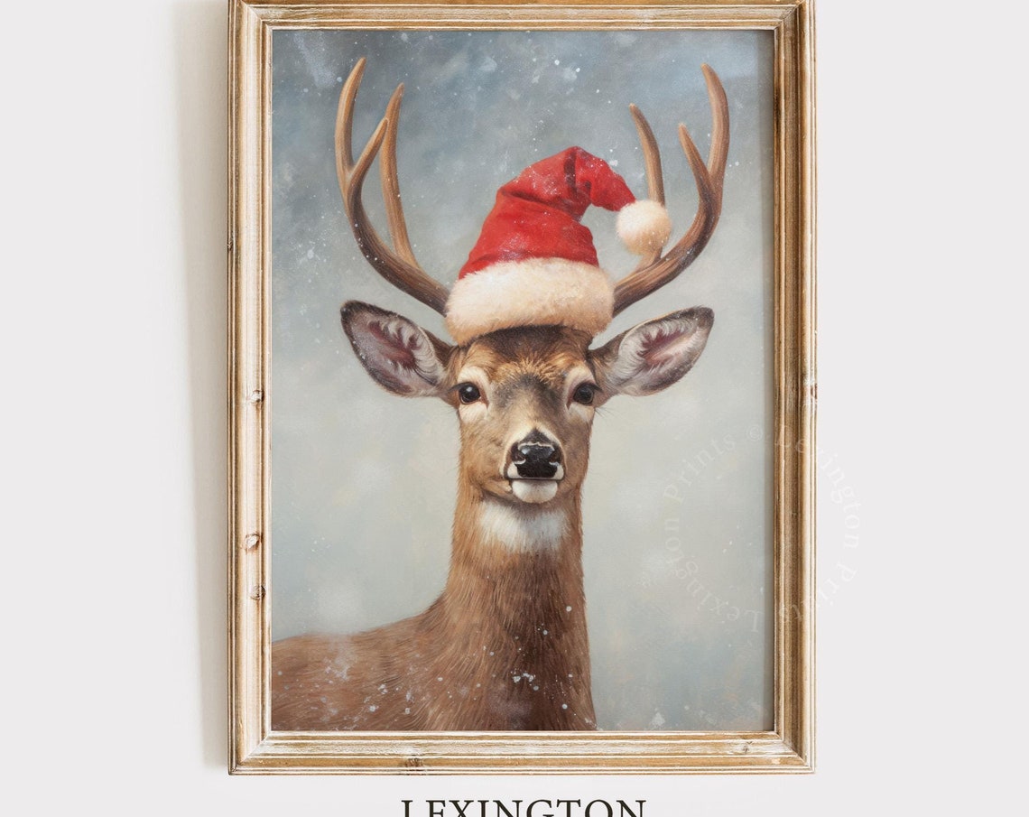 Reindeer Christmas Wall Art Deer Christmas Deer Painting Winter Oil Painting Pet Painting Christmas Santa Hat Christmas Decor Vintage 227