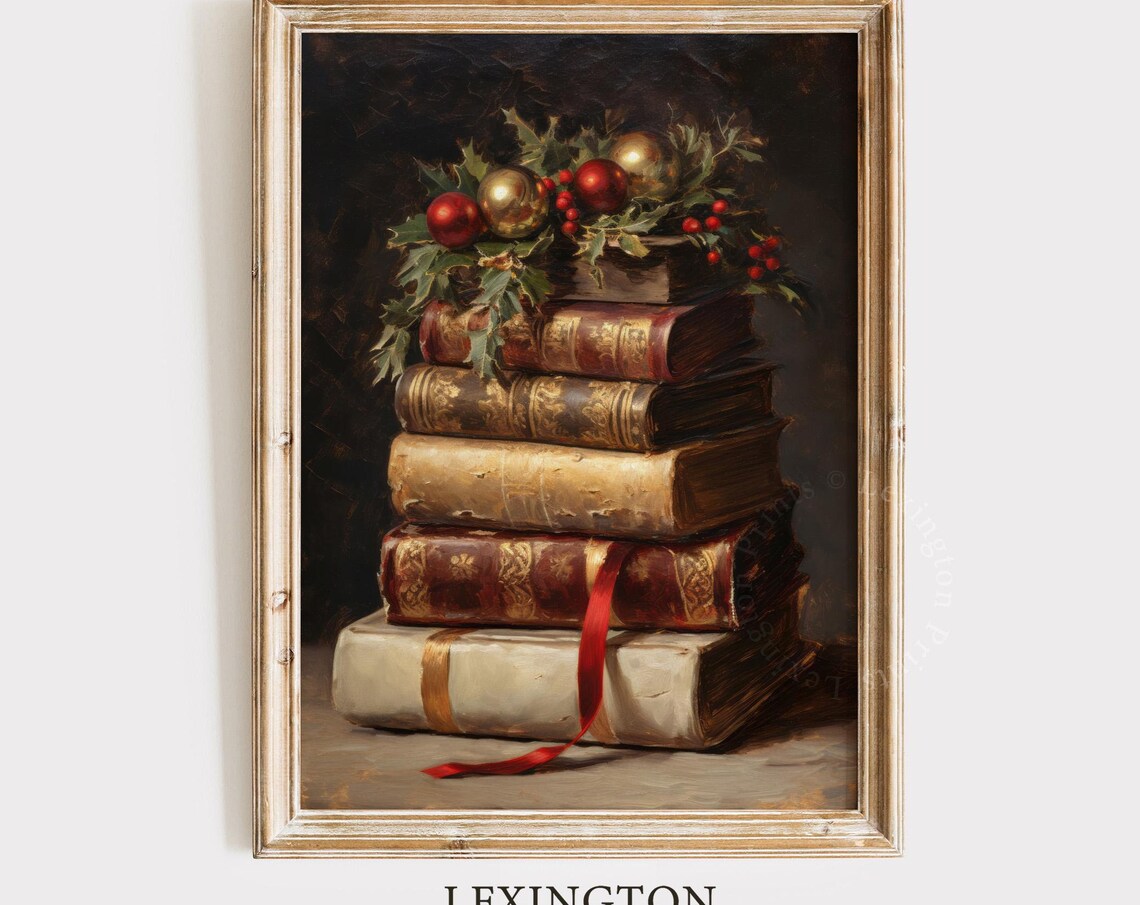 Vintage Books with Holly and Ornaments Christmas Still Life Poster