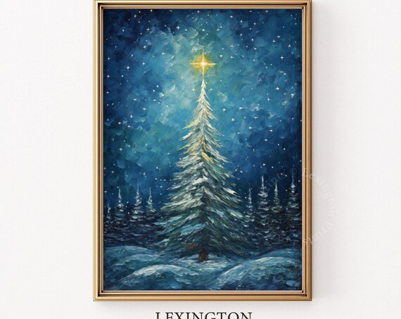 Christmas Starry Night Christmas Wall Art Van Gogh Art Christmas Print Winter Print Vintage Christmas Tree Oil Painting Forest Wall Art 314