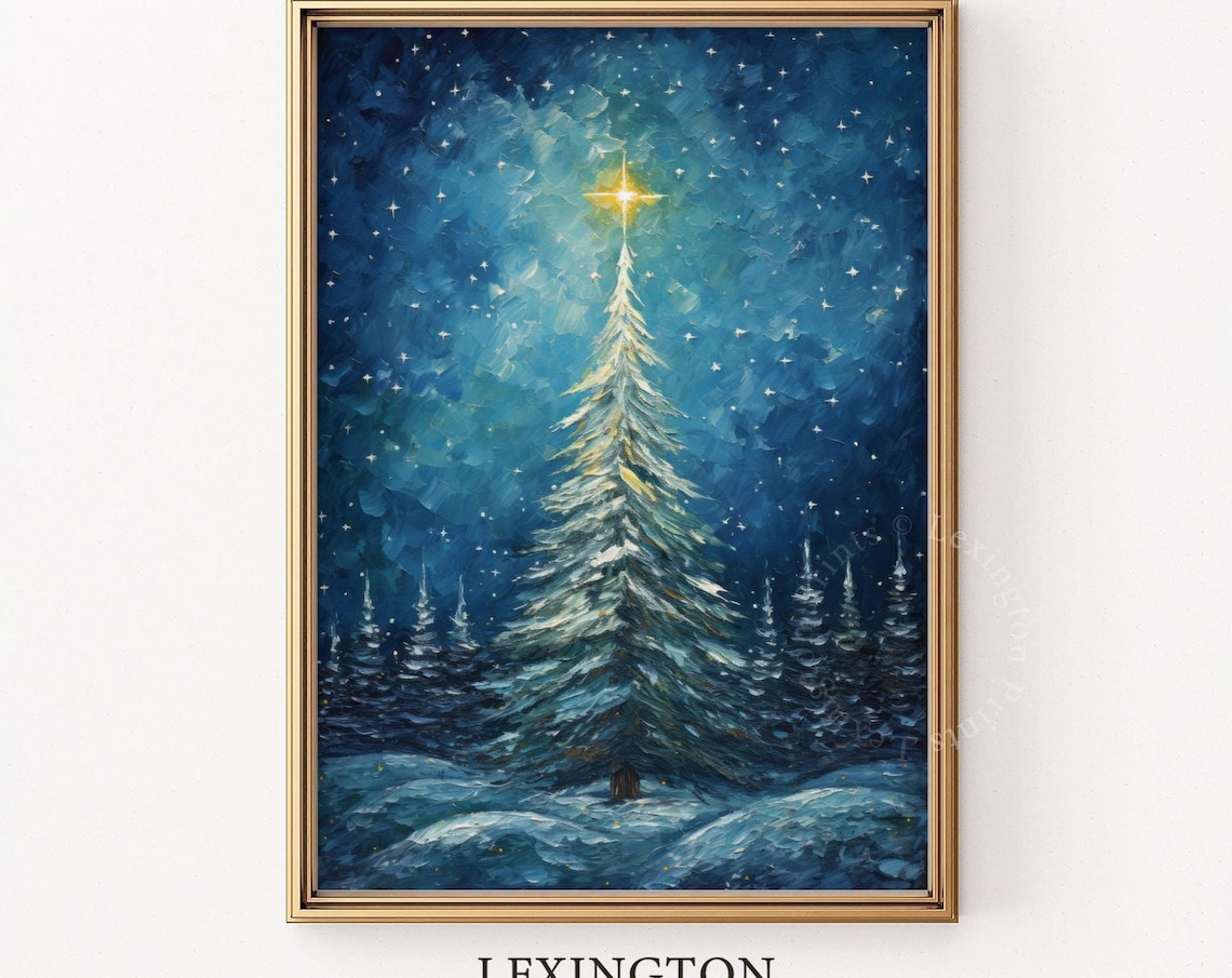Snowy White Christmas Tree Glowing Star Blue Night Sky Poster