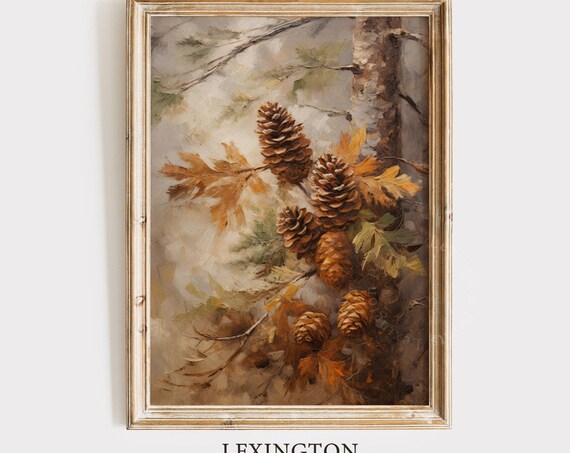 Pinecones on Branch with Oak Leaves Autumn Woodland Decor Poster