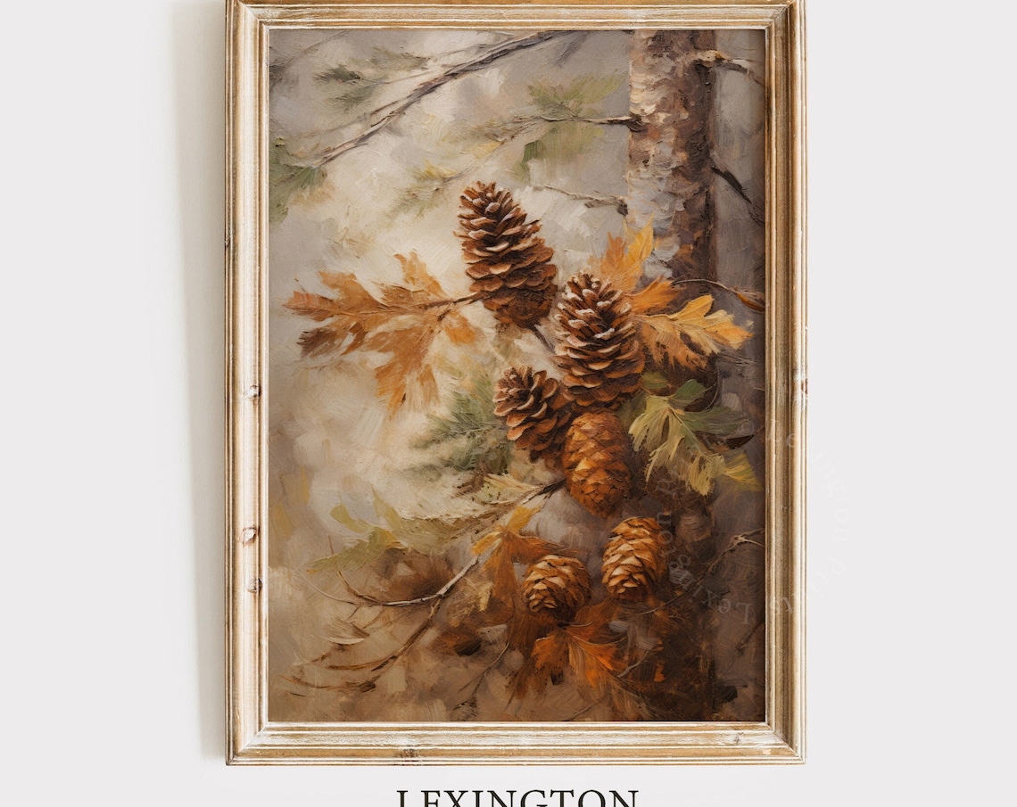 Pinecones on Branch with Oak Leaves Autumn Woodland Decor Poster