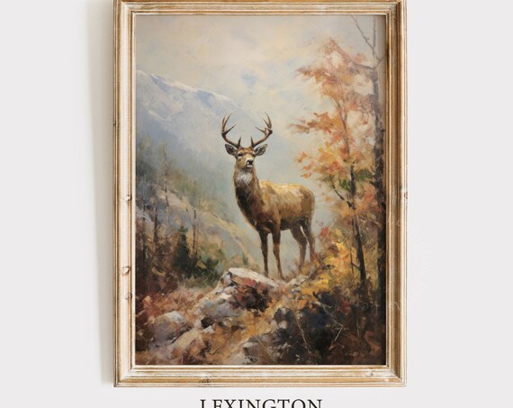 Stag in Autumn Mountains Vintage Oil Painting Wildlife Poster