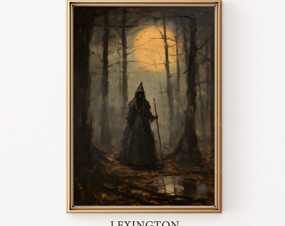 Dark Cloaked Witch With Staff Orange Moon Misty Forest Gothic Poster
