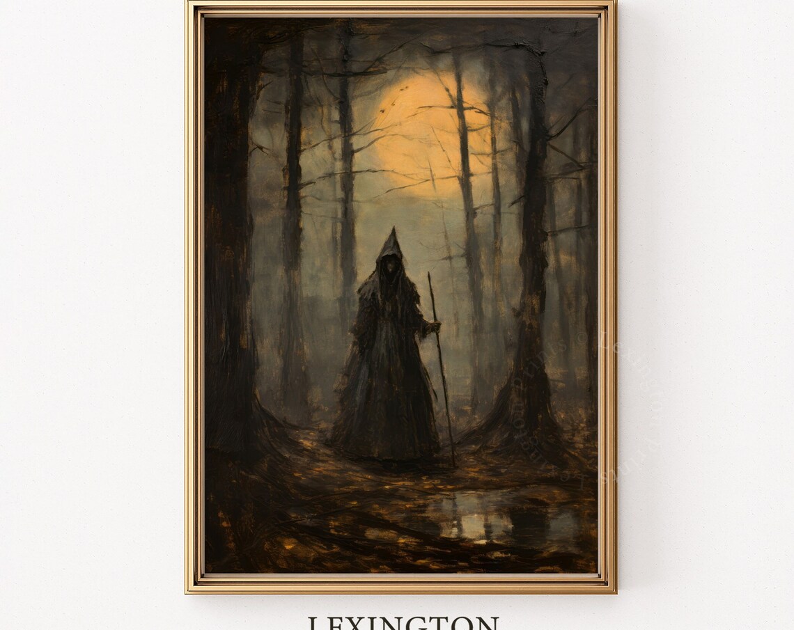 Dark Cloaked Witch With Staff Orange Moon Misty Forest Gothic Poster