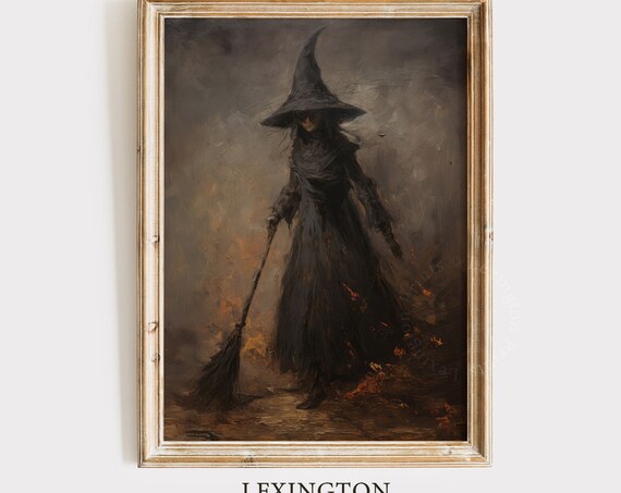 Dark Witch In Cloak Holding Broomstick Moody Halloween Oil Poster