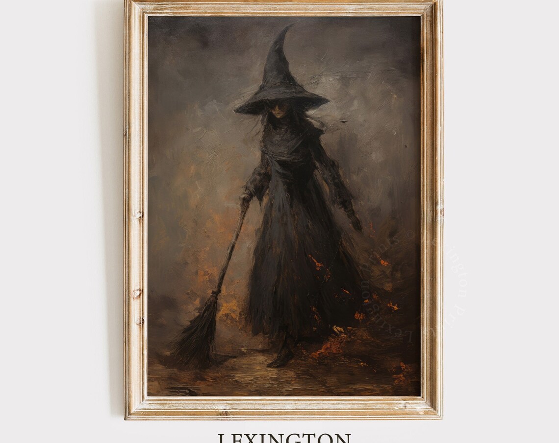 Dark Witch In Cloak Holding Broomstick Moody Halloween Oil Poster