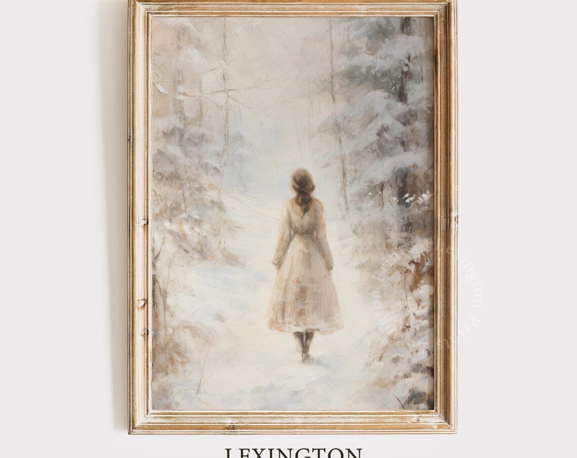 Woman in White Dress Walking a Snowy Forest Path Winter Poster
