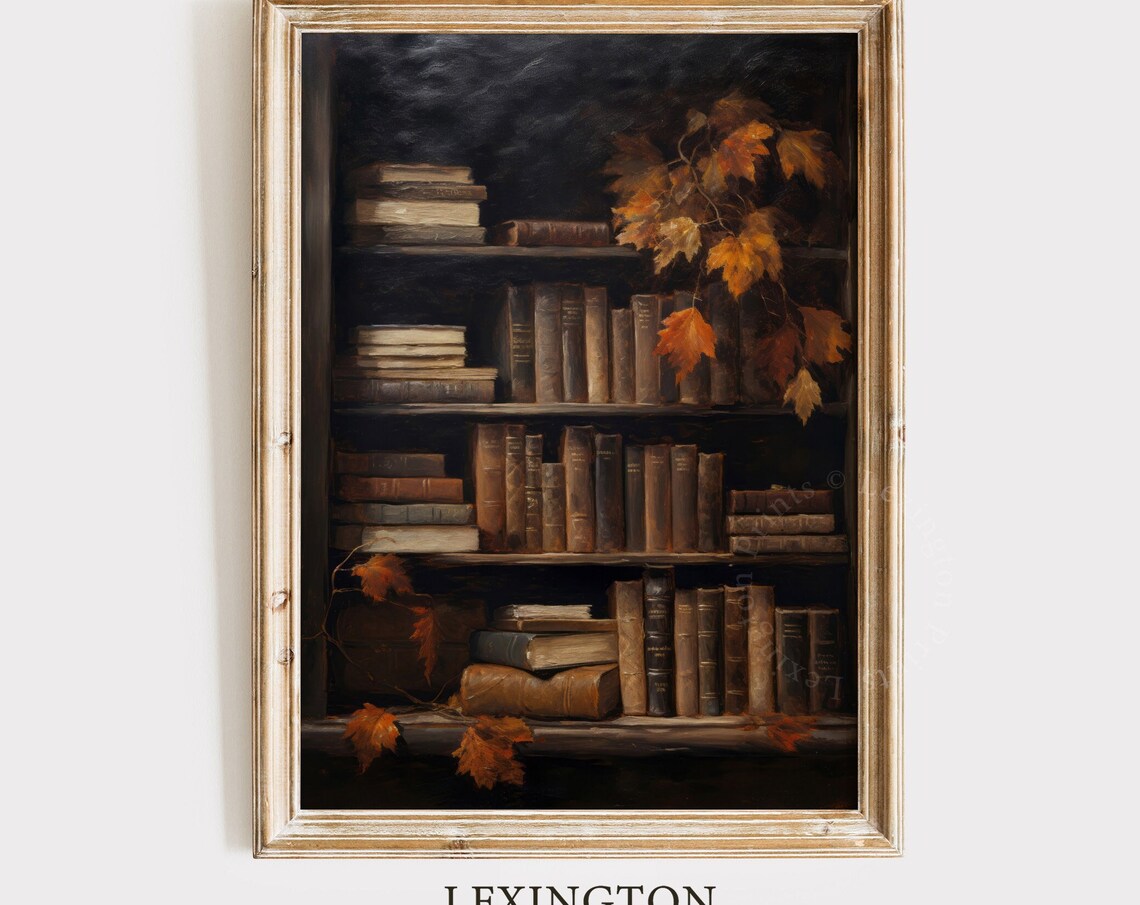 Dark Moody Bookshelf Vintage Books Autumn Maple Leaves Rustic Painting Poster