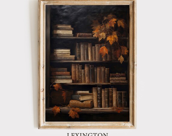 Dark Moody Bookshelf Vintage Books Autumn Maple Leaves Rustic Painting Poster