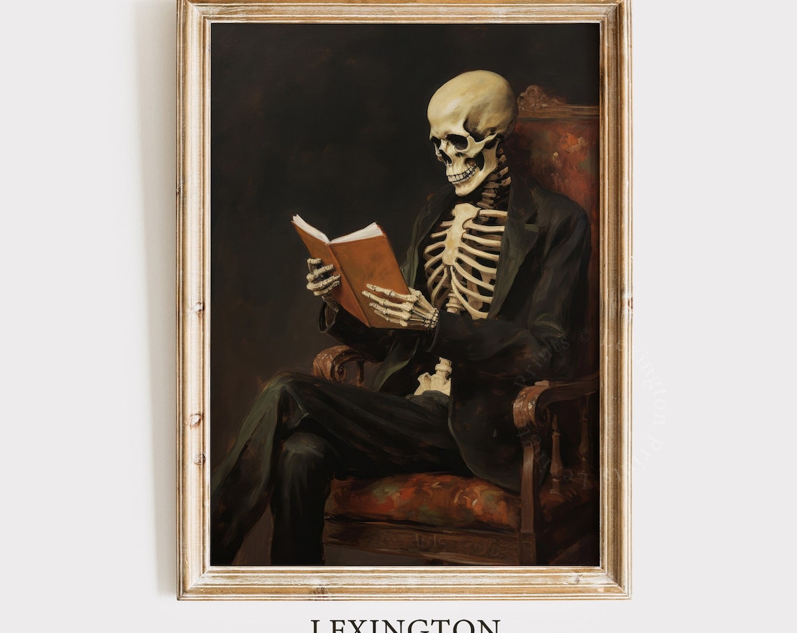 Skeleton Reading Book in Leather Armchair Moody Halloween Wall Art