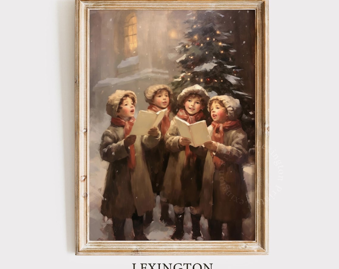 Children Caroling in Snow Night Vintage Christmas Choir Scene Poster
