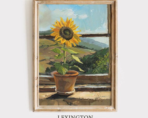 Potted Sunflower Painting Sunny Windowsill Rolling Hills Farmhouse Poster