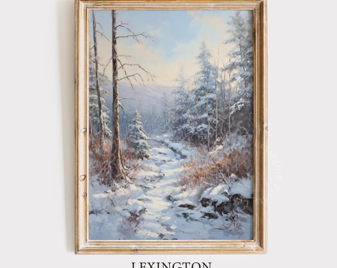 Sunlit Snowy Woodland Path Tall Pines Winter Painting Poster