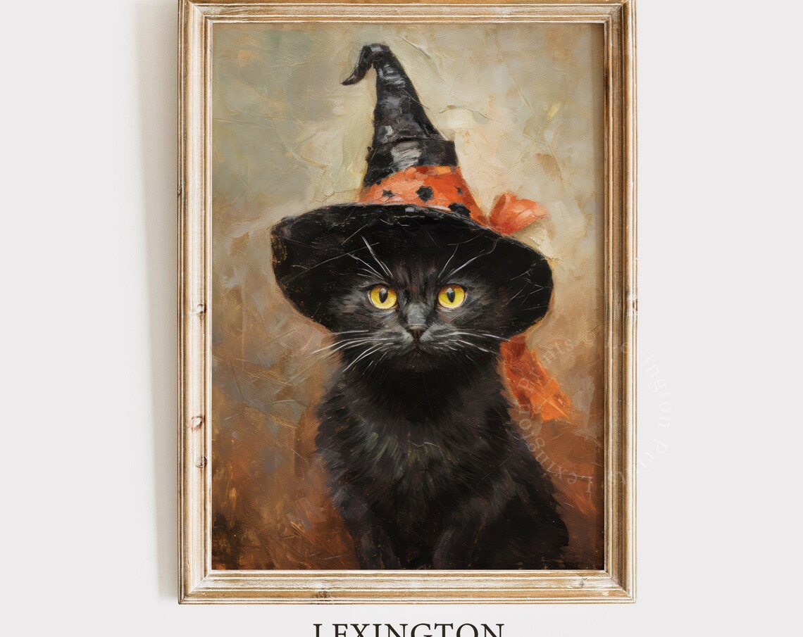 Black Cat With Yellow Eyes Wearing Witch Hat With Orange Bow Poster - Image 2