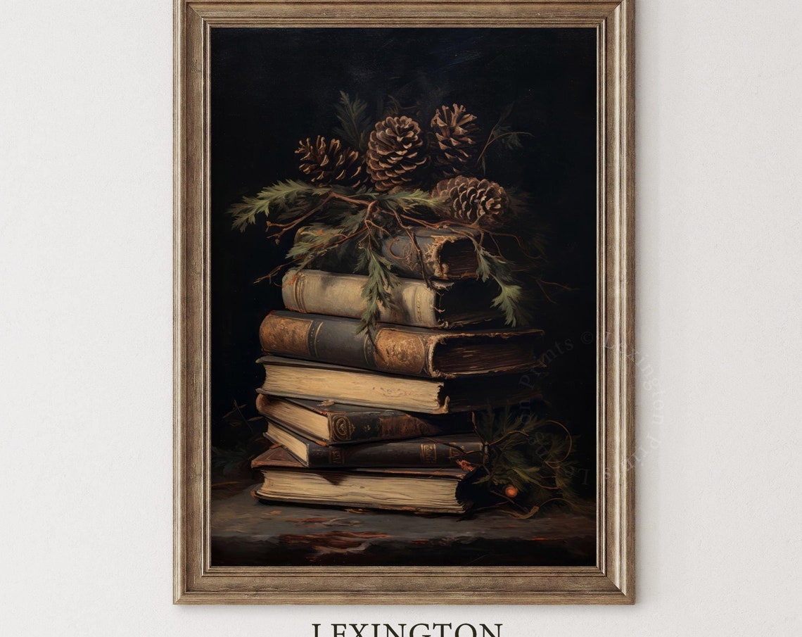 Antique Books Stack Pine Cones Dark Academia Still Life Poster