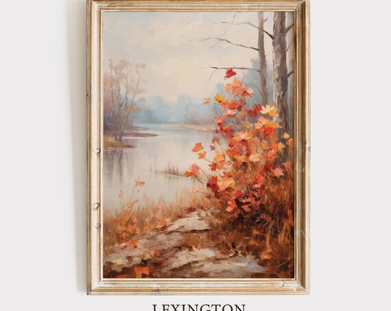 Autumn Lakeside with Red Orange Bushes Tranquil Fall Lake Poster