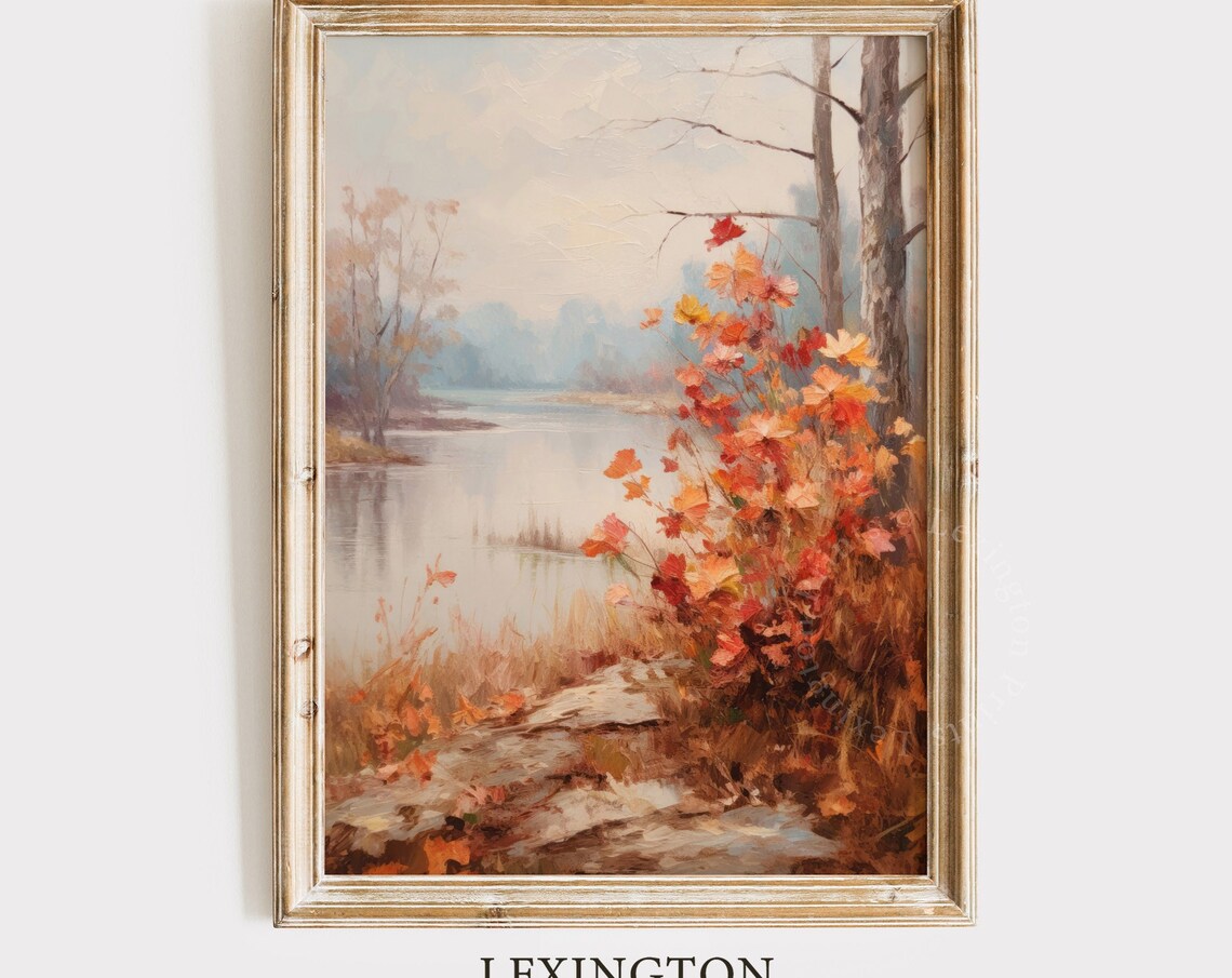 Autumn Lakeside with Red Orange Bushes Tranquil Fall Lake Poster